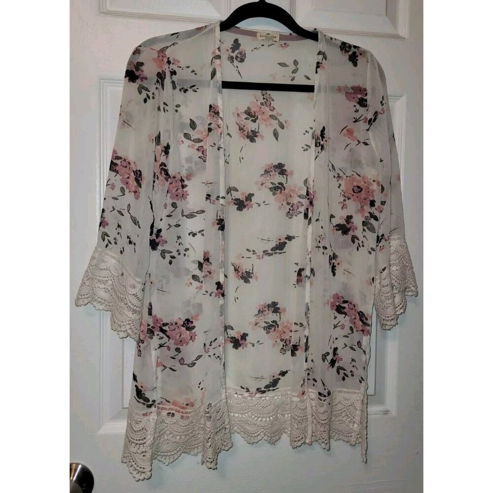 Mason Belle Kimono Boho Top Flowy, Relaxed Crotchet Accent Ivory Floral Sheer XS